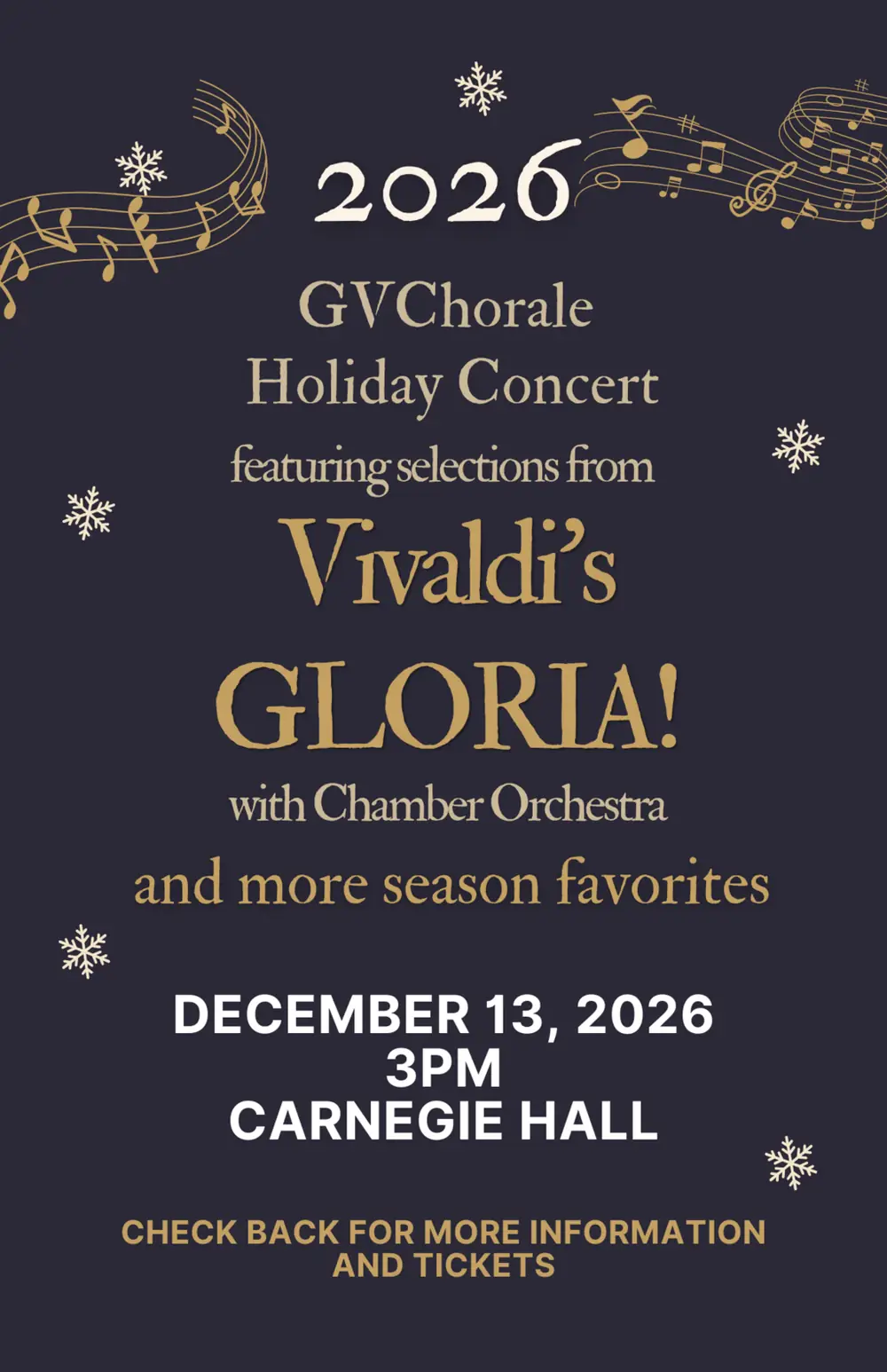 2026 Greenbrier Valley Chorale Holiday Concert poster: selections from Vivaldi's Gloria, December 13, 2026, 3 PM, Carnegie Hall